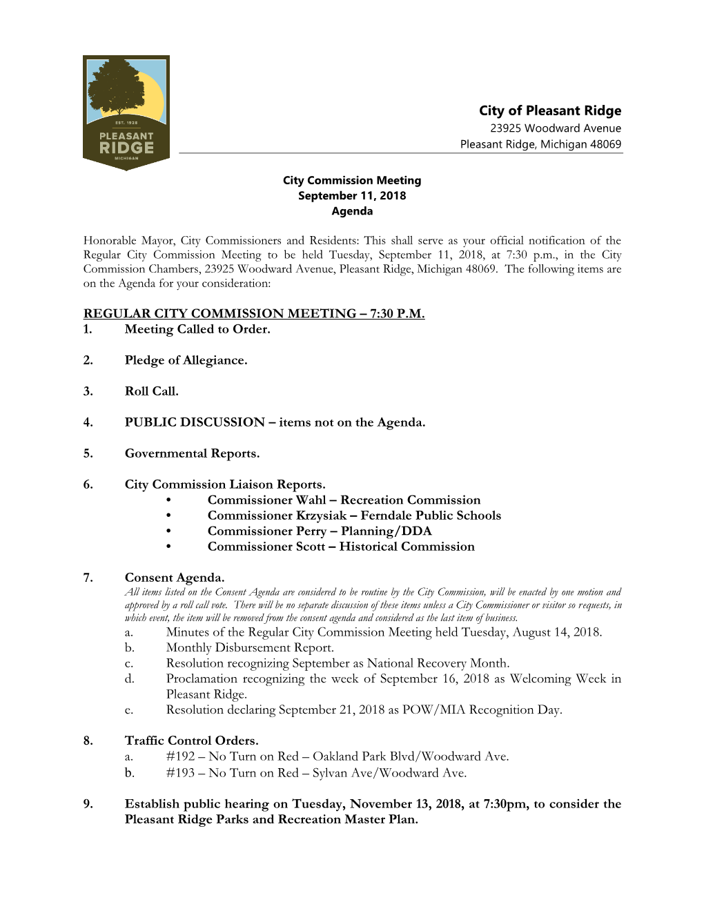 City of Pleasant Ridge REGULAR CITY COMMISSION MEETING – 7