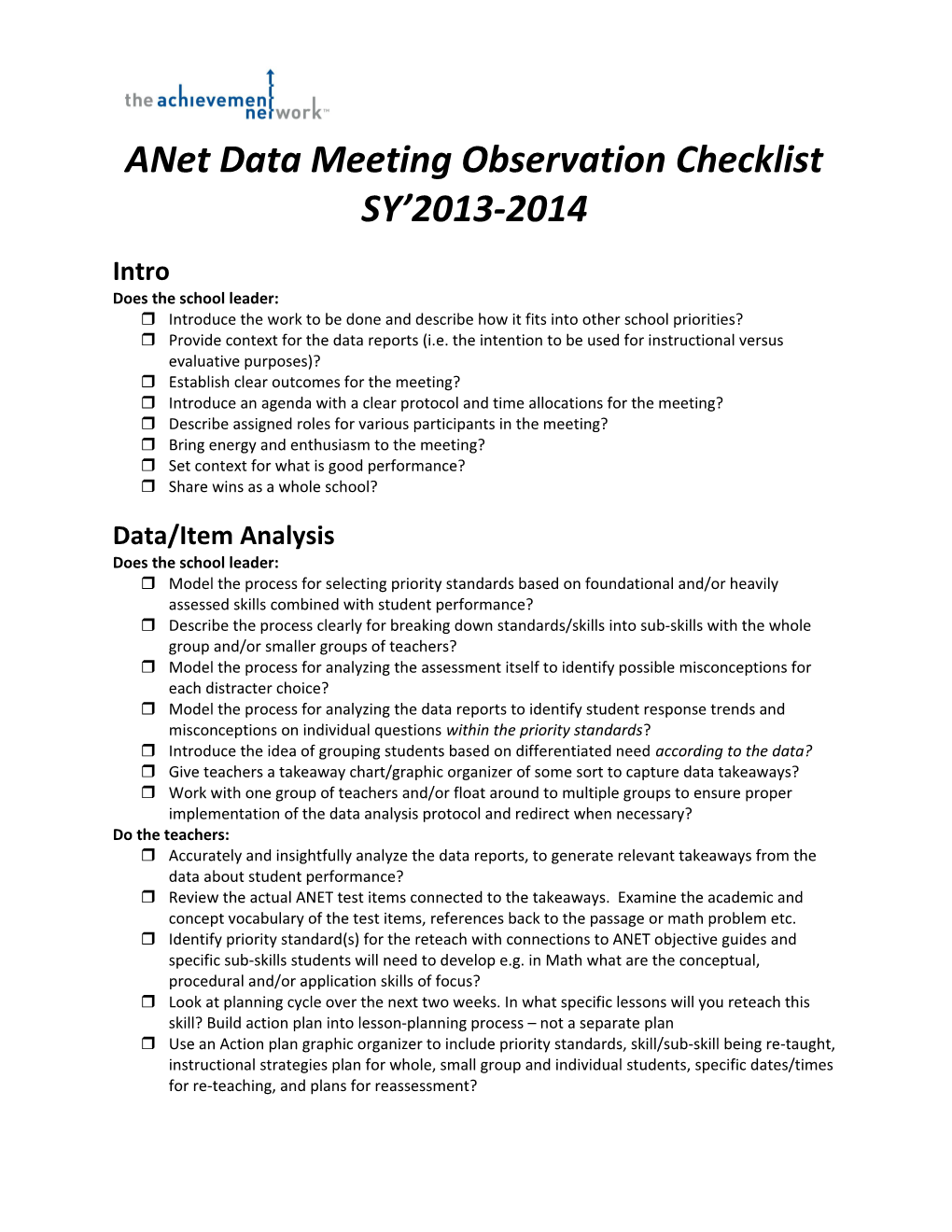 Anet Data Meeting Observation Checklist