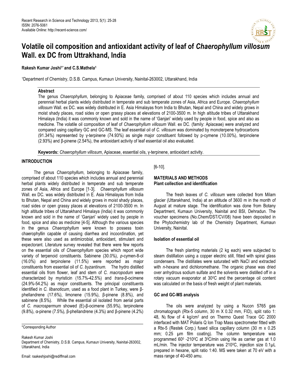 Volatile Oil Composition and Antioxidant Activity of Leaf of Chaerophyllum Villosum Wall