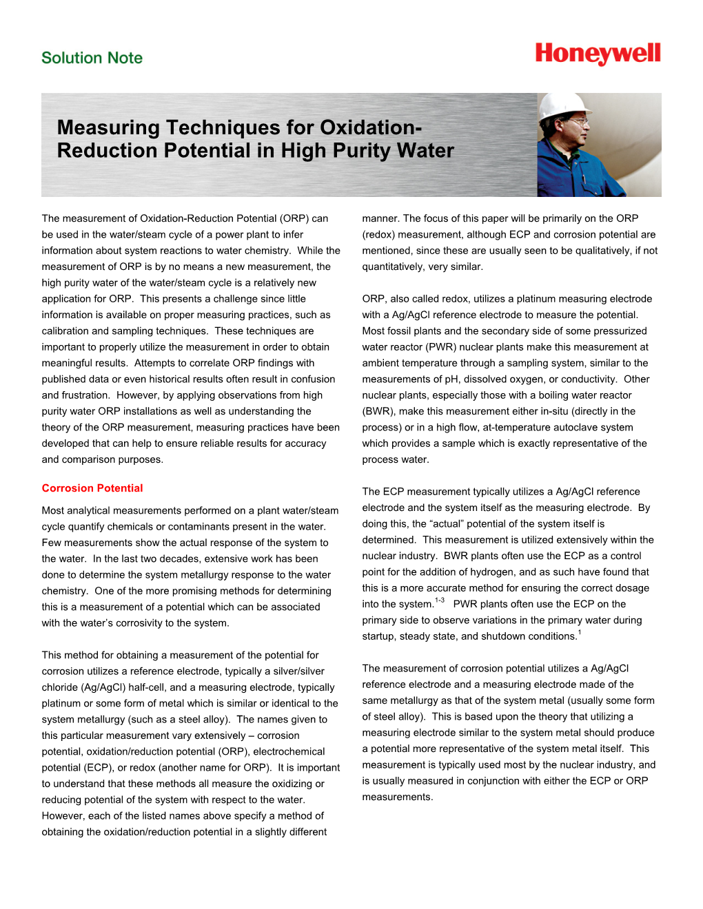 Measuring Techniques for Oxidation- Reduction Potential in High Purity Water