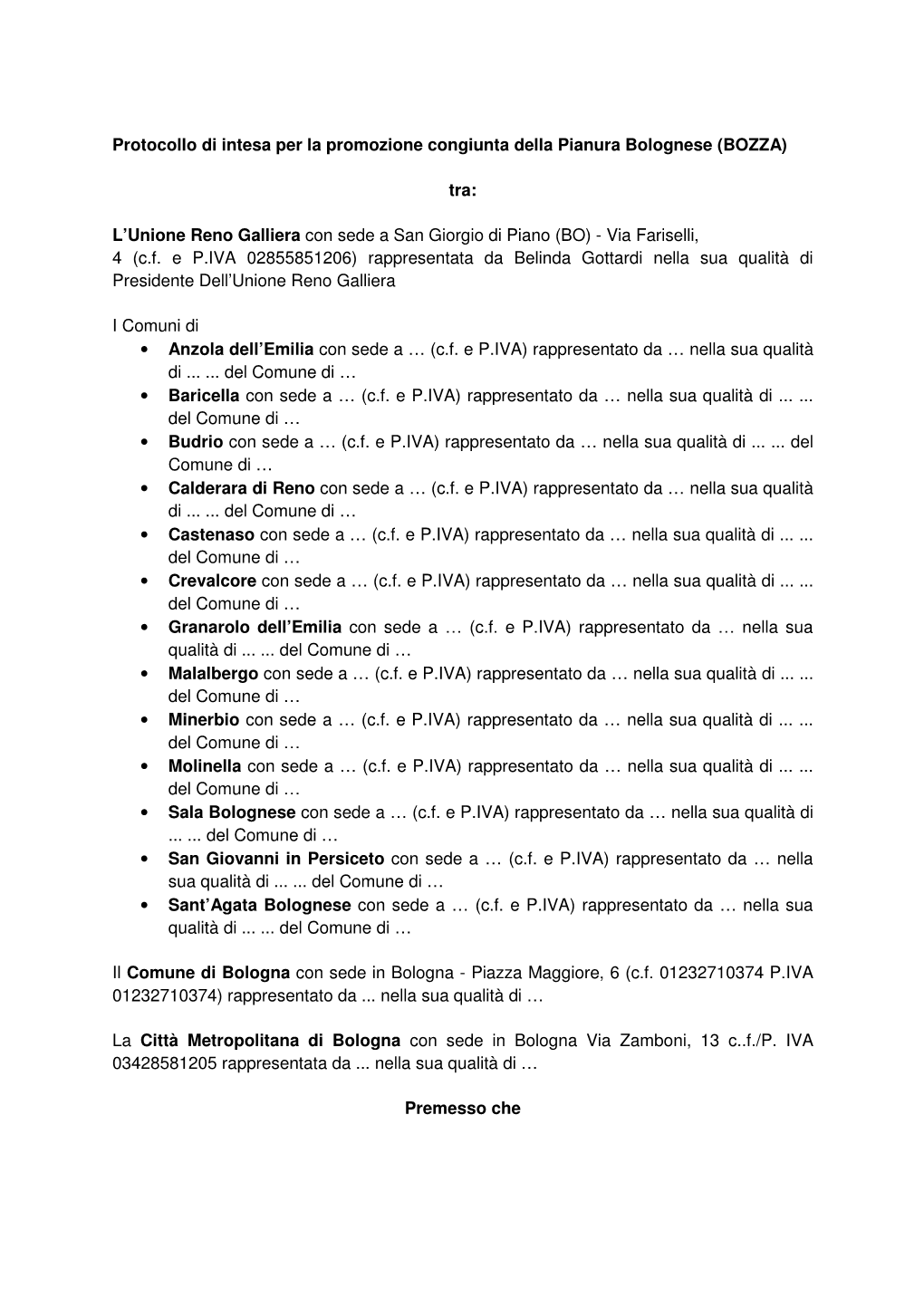 Protocollo Di Intesa Per La Promozione Congiunta Della Pianura Bolognese (BOZZA)