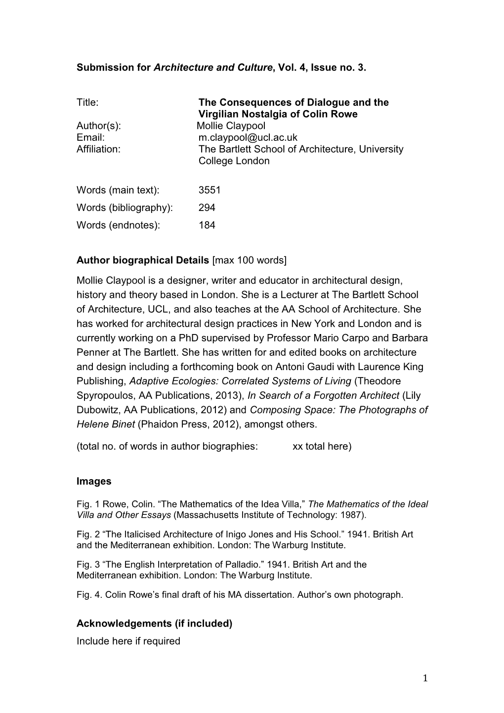 1 Submission for Architecture and Culture, Vol. 4, Issue No. 3. Title