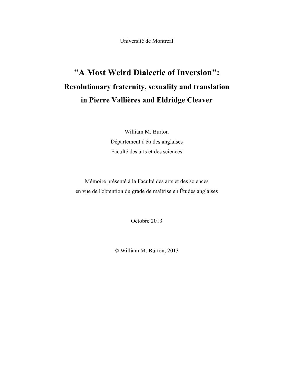 "A Most Weird Dialectic of Inversion": Revolutionary Fraternity, Sexuality and Translation in Pierre Vallières and Eldridge Cleaver