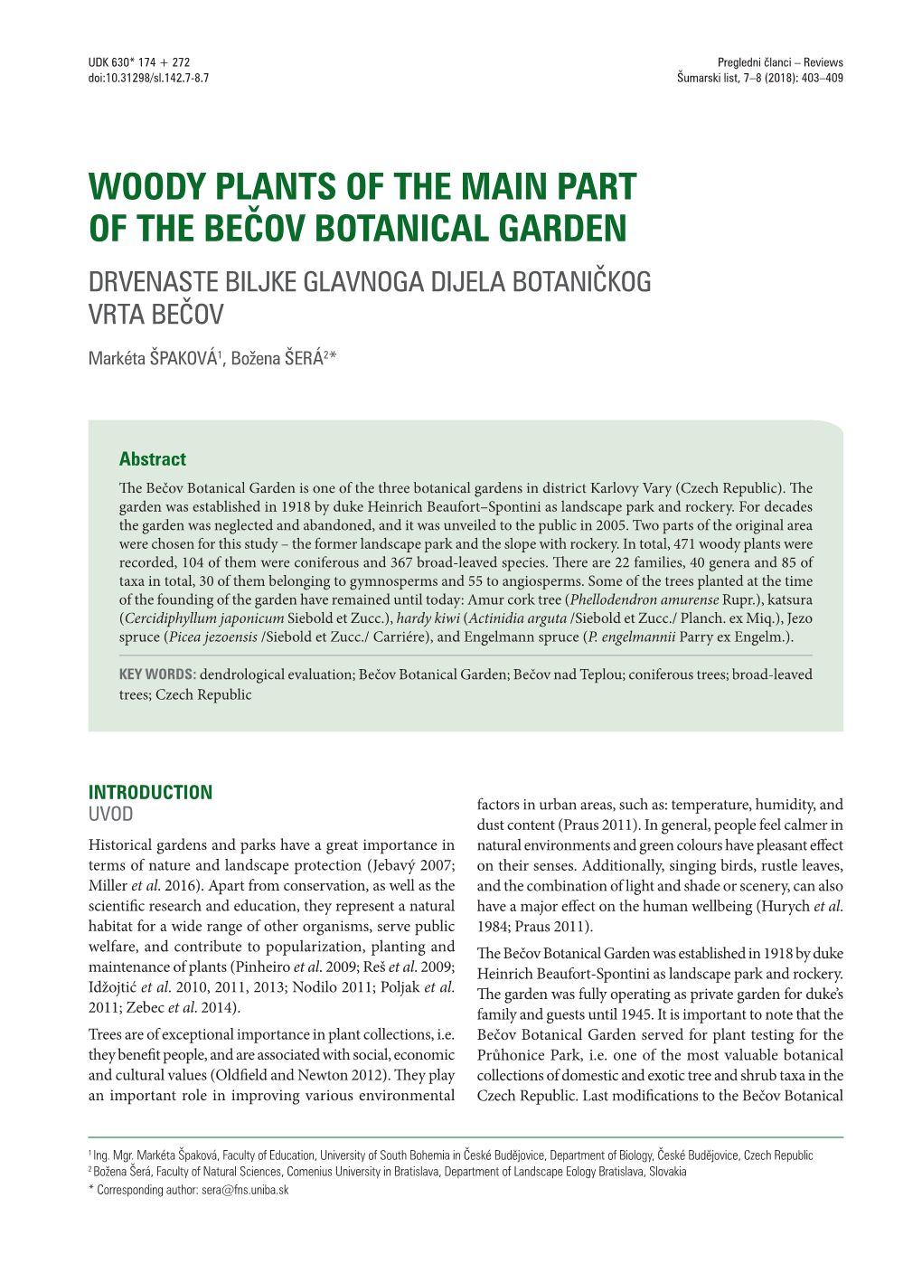 Woody Plants of the Main Part of the Bečov Botanical Garden Drvenaste Biljke Glavnoga Dijela Botaničkog Vrta Bečov