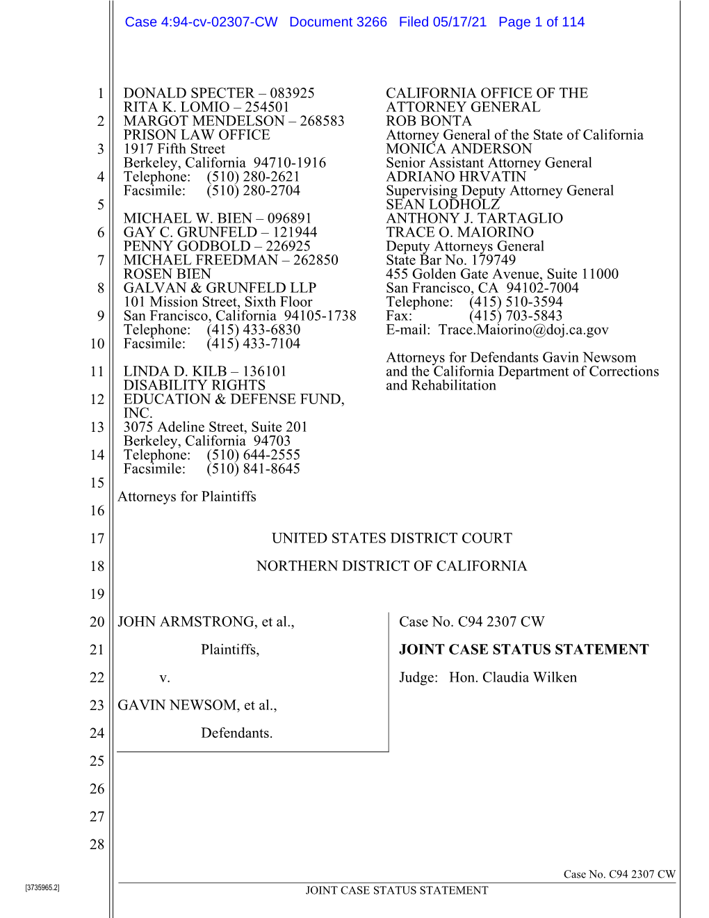 Case 4:94-Cv-02307-CW Document 3266 Filed 05/17/21 Page 1 of 114