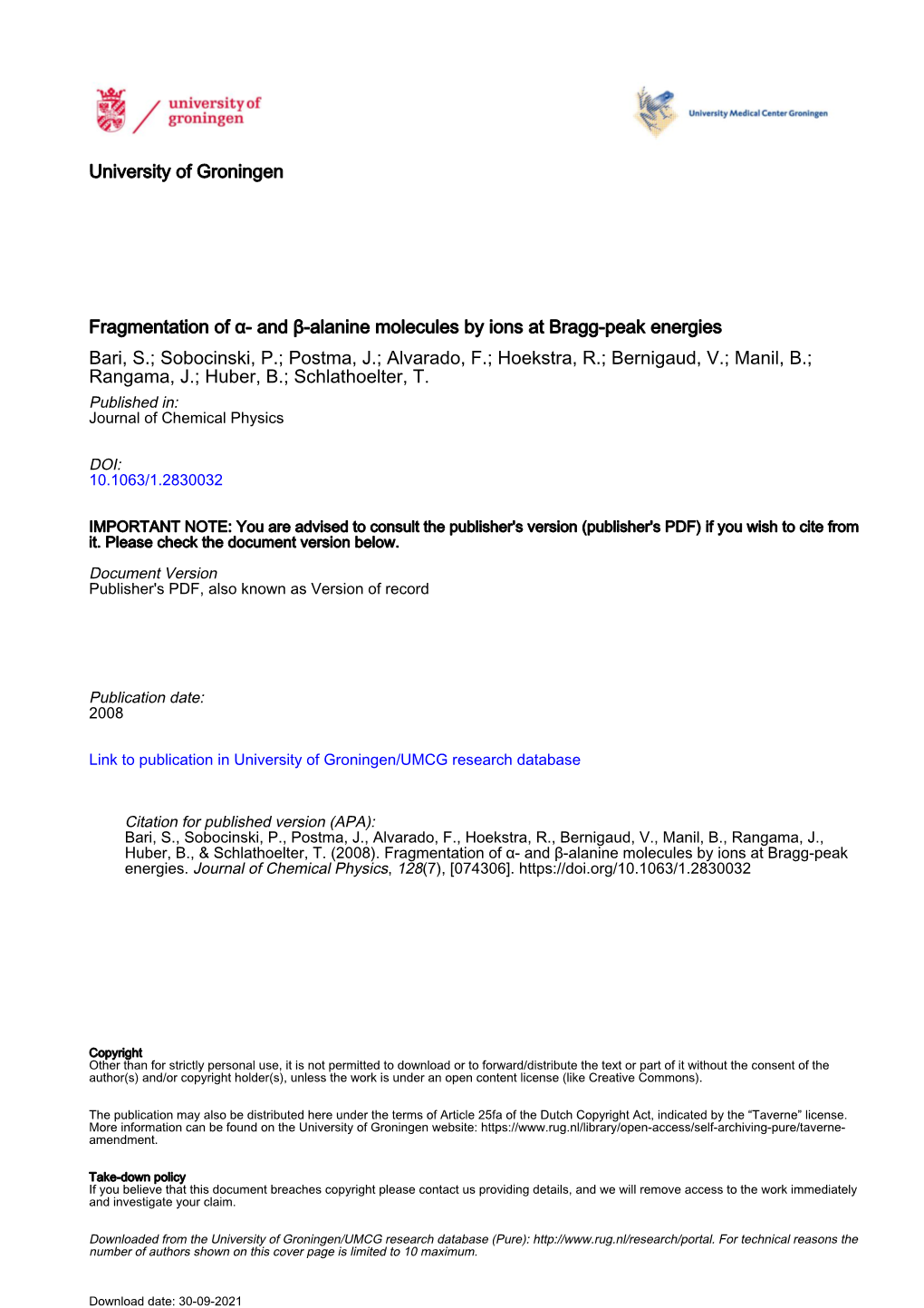 Fragmentation of Α- and Β-Alanine Molecules by Ions at Bragg-Peak Energies