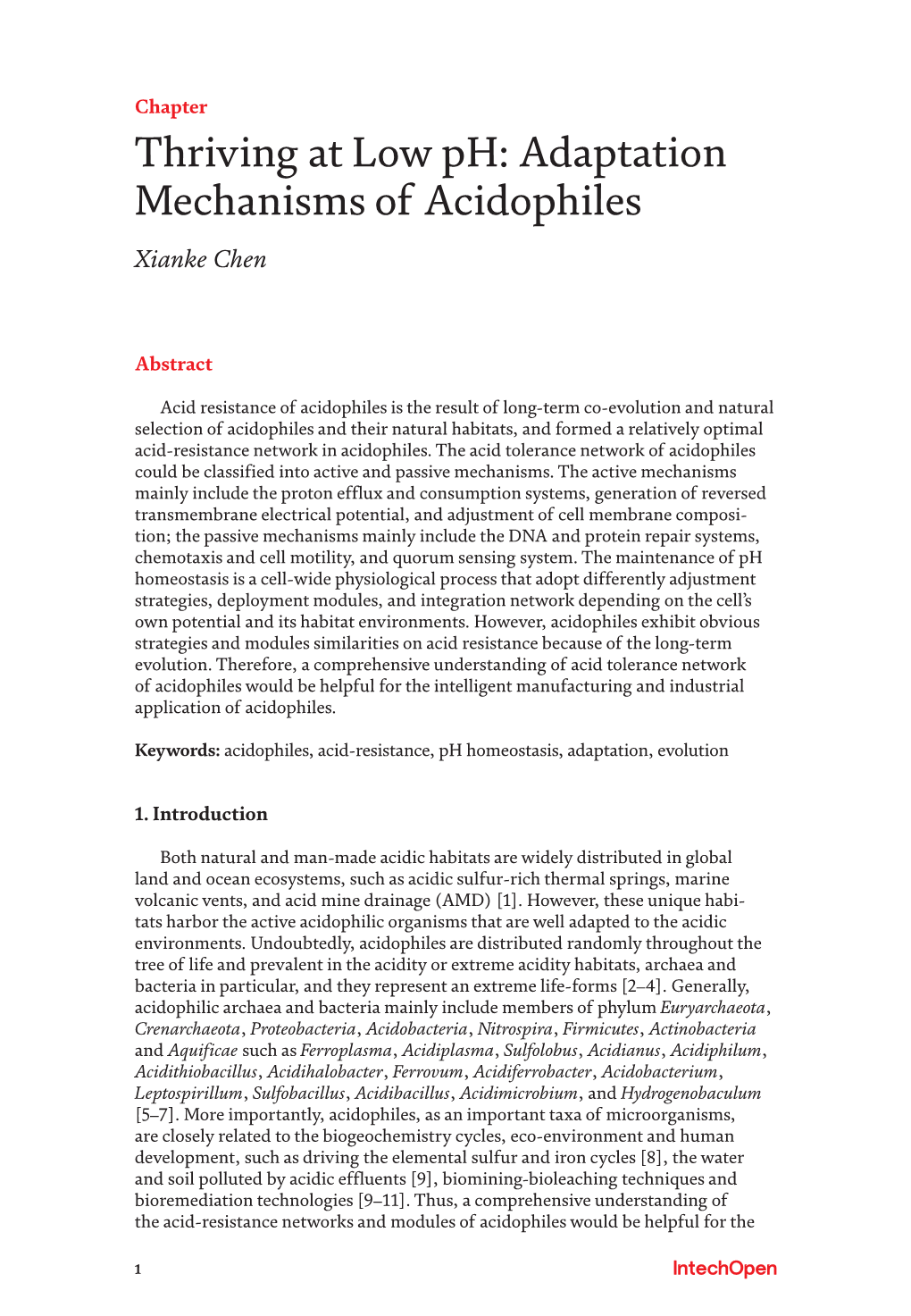 Thriving at Low Ph: Adaptation Mechanisms of Acidophiles Xianke Chen