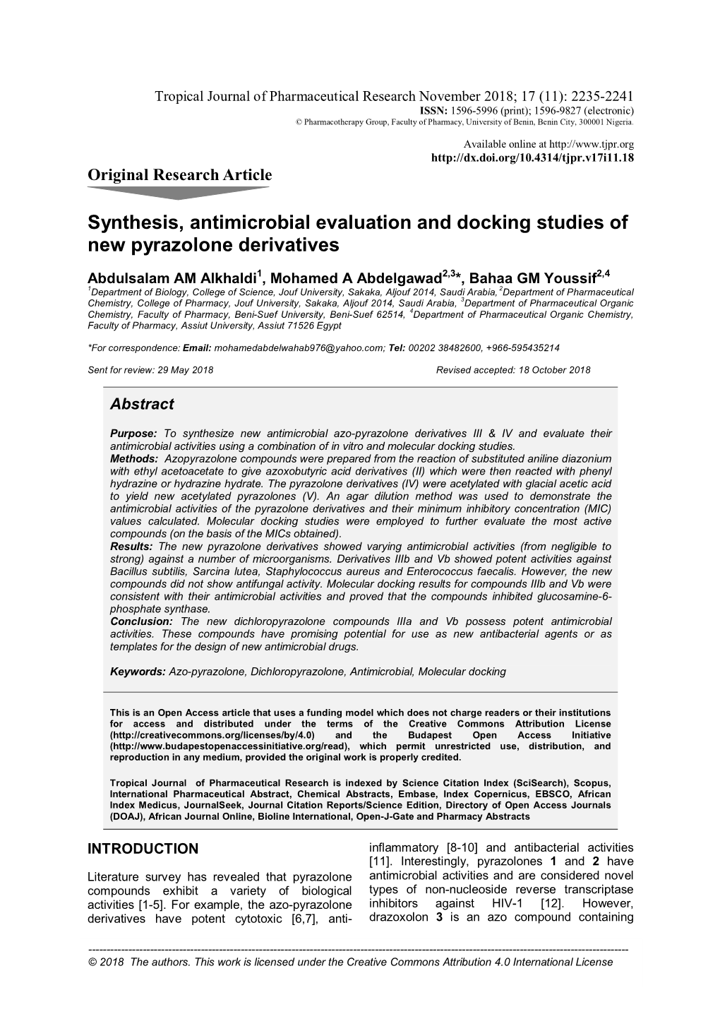 Synthesis, Antimicrobial Evaluation and Docking Studies of New Pyrazolone Derivatives