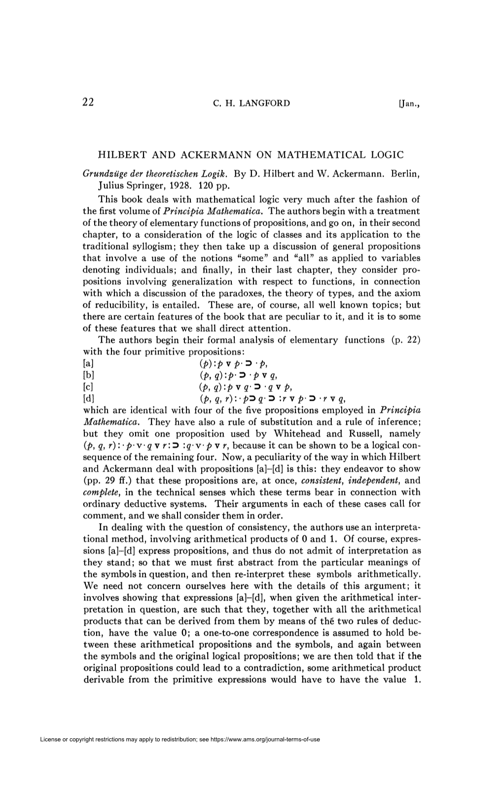 Jan., HILBERT and ACKERMANN on MATHEMATICAL LOGIC