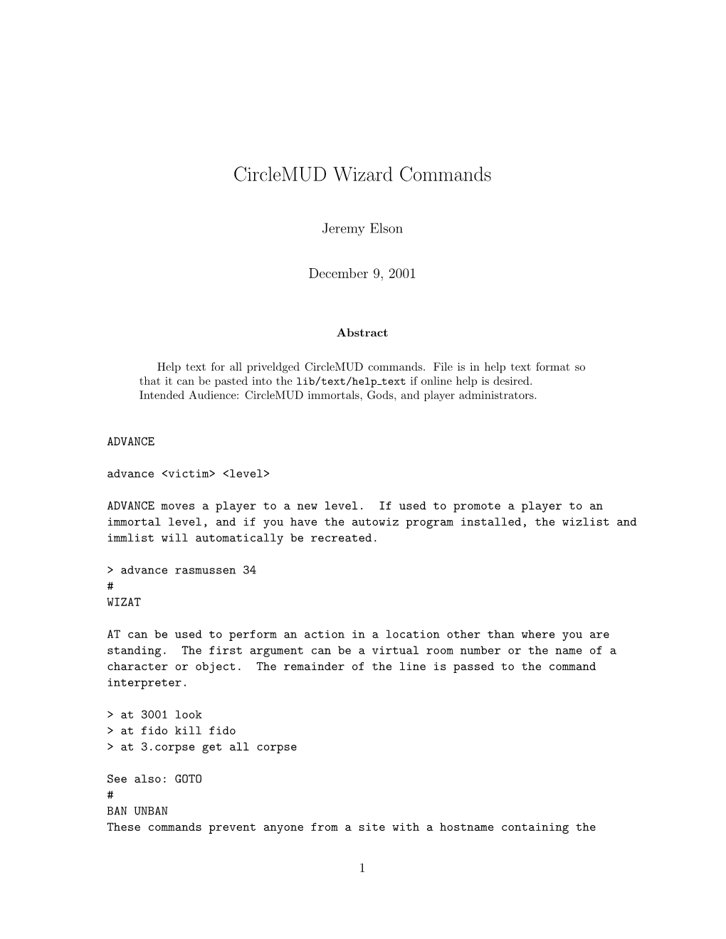 Circlemud Wizard Commands