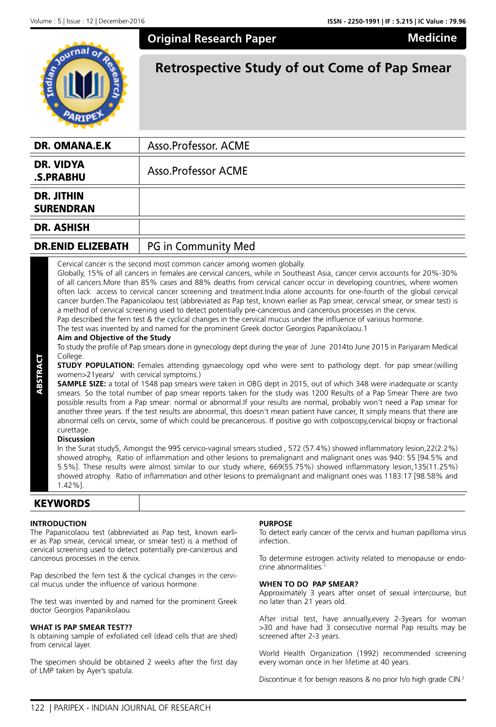 Retrospective Study of out Come of Pap Smear