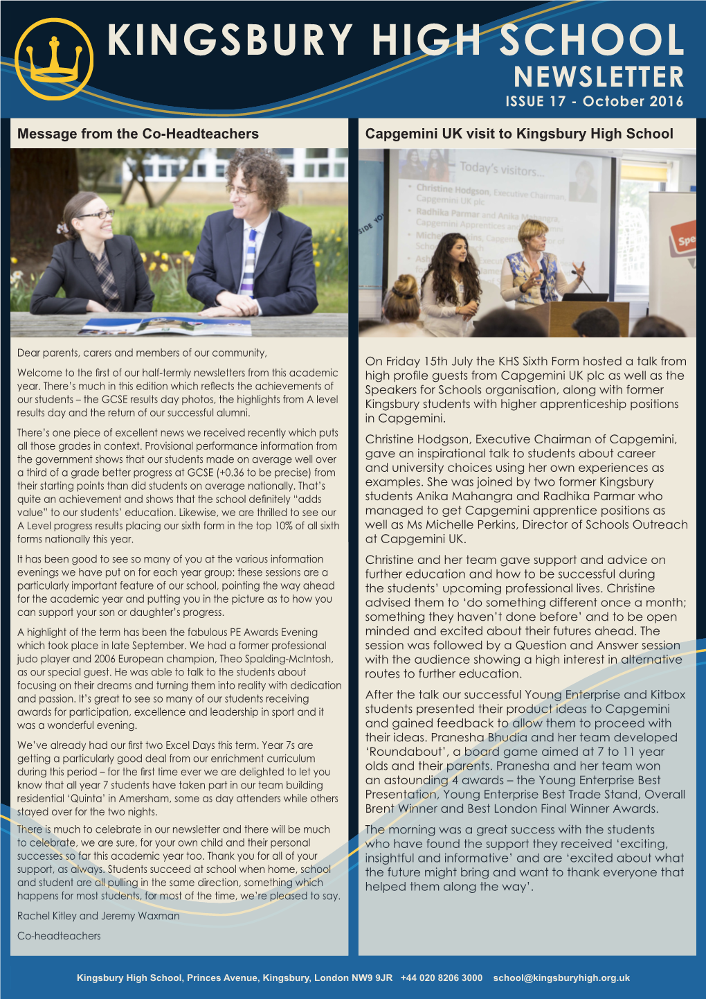 KINGSBURY HIGH SCHOOL NEWSLETTER ISSUE 17 - October 2016