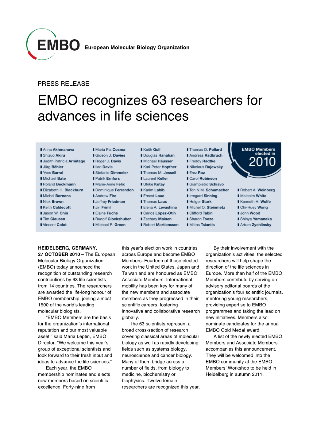 EMBO Recognizes 63 Researchers for Advances in Life Sciences