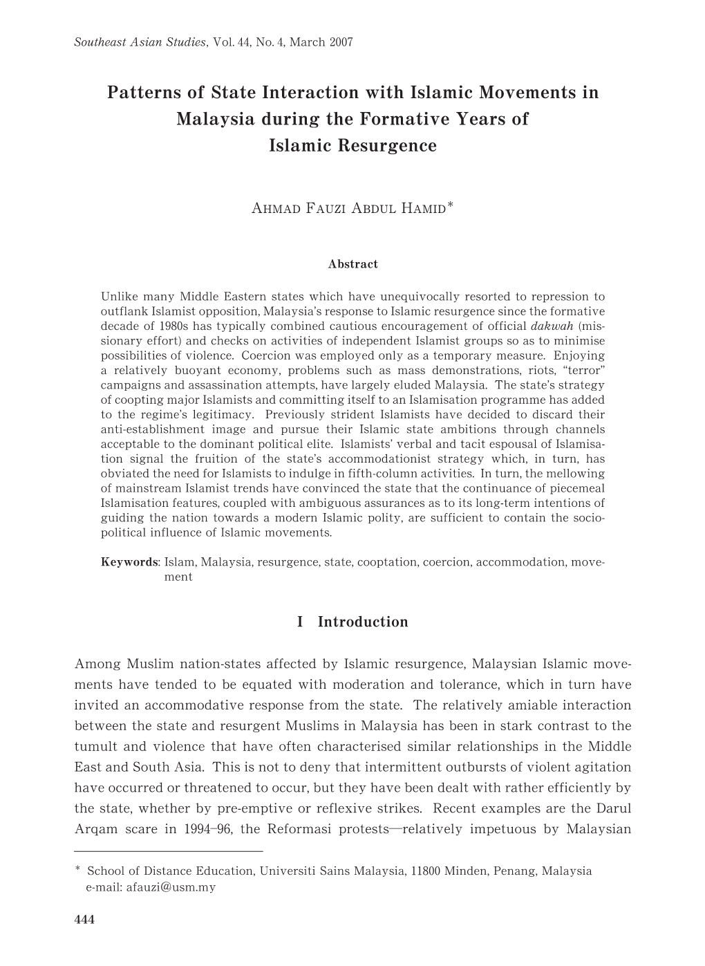 Patterns of State Interaction with Islamic Movements in Malaysia During the Formative Years of Islamic Resurgence