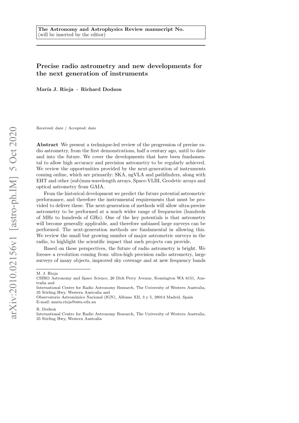 Arxiv:2010.02156V1 [Astro-Ph.IM] 5 Oct 2020 35 Stirling Hwy, Western Australia 2 Mar´Iaj