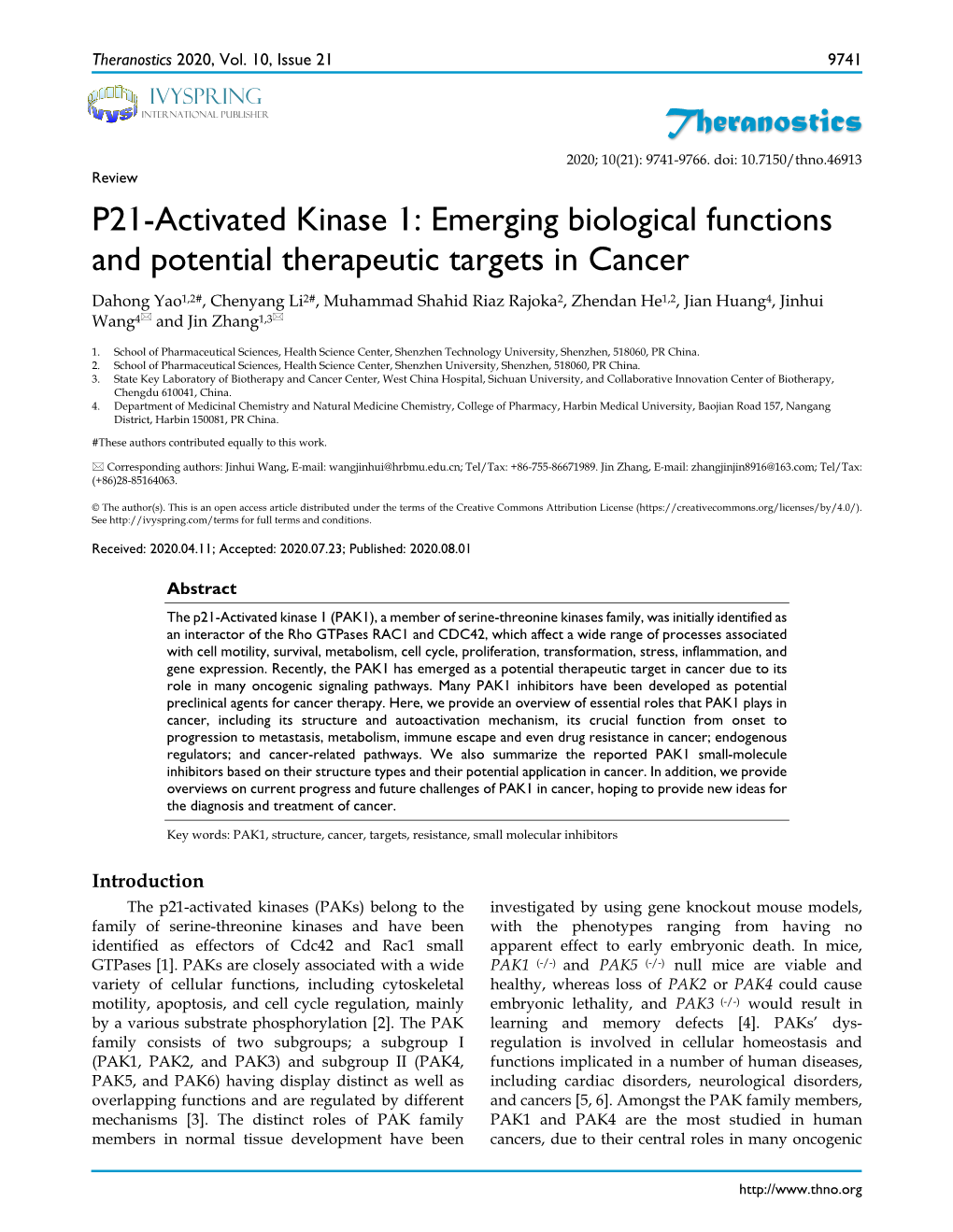 Theranostics P21-Activated Kinase 1: Emerging Biological Functions And