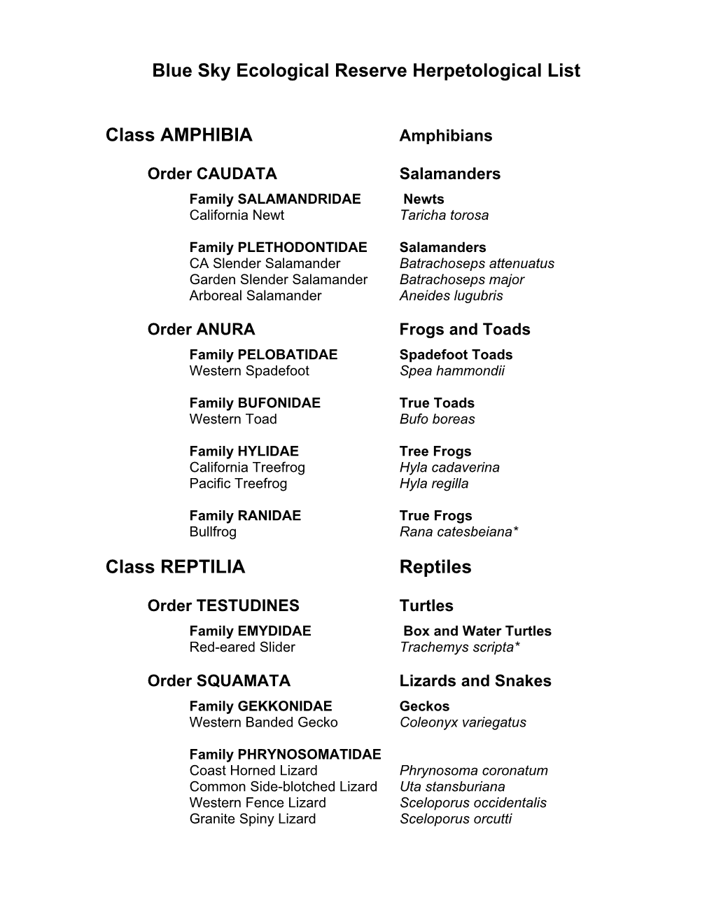 Blue Sky Ecological Reserve Herpetological List