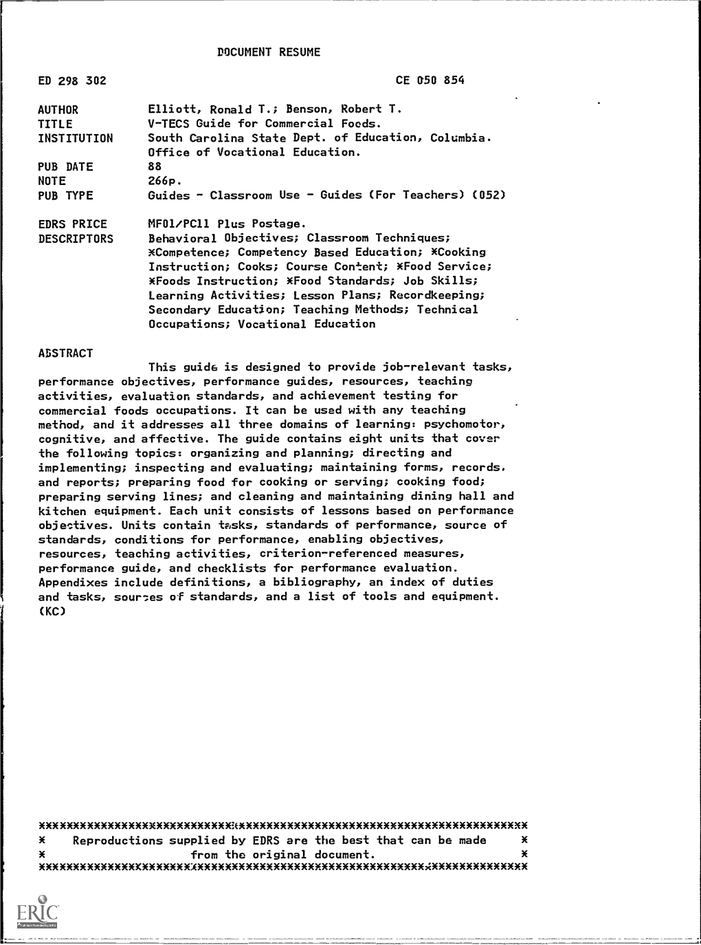 DOCUMENT RESUME ED 298 302 CE Am, 854 Elliott, Ronald T