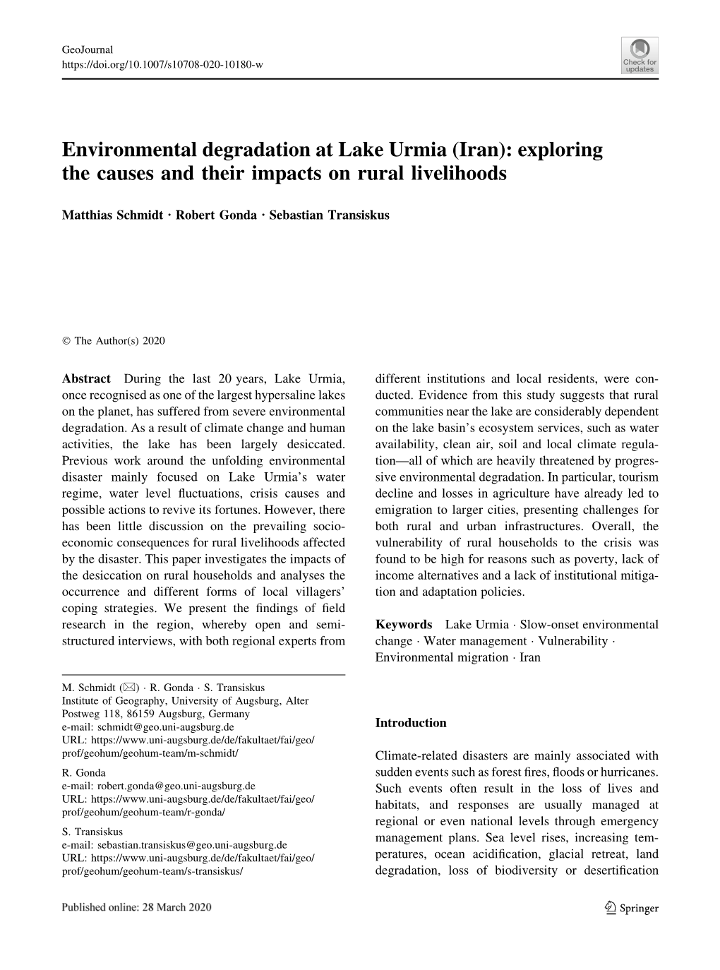 Environmental Degradation at Lake Urmia (Iran): Exploring the Causes and Their Impacts on Rural Livelihoods