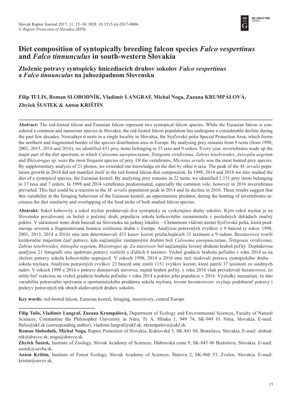 Diet Composition of Syntopically Breeding Falcon Species Falco