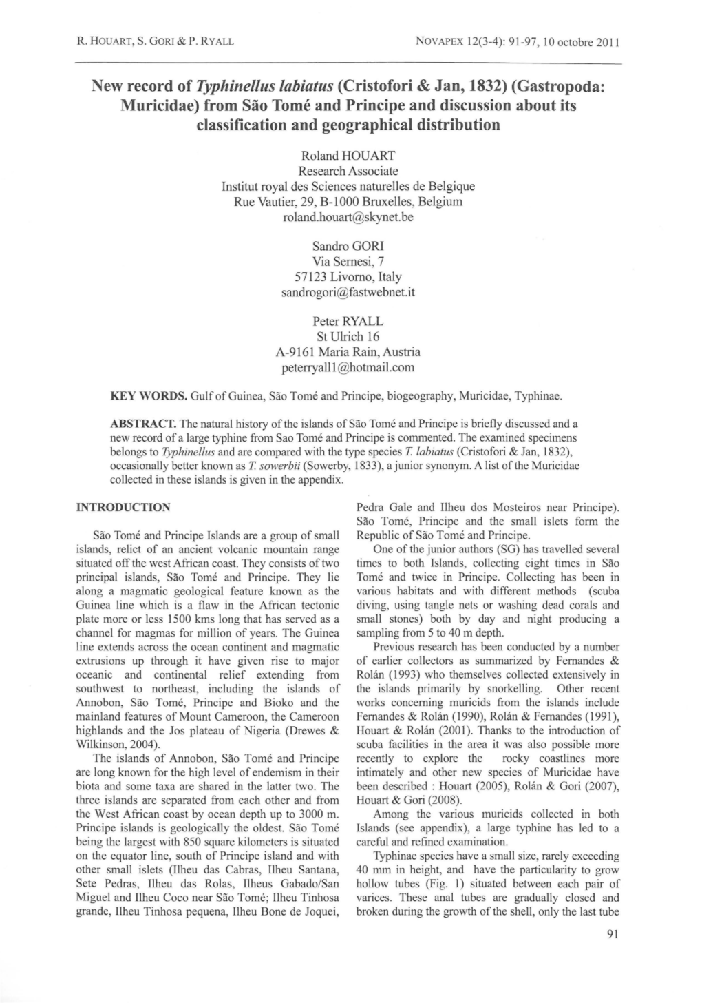 New Record of Typhinellus Labiatus (Cristofori & Jan, 1832) (Gastropoda: Muricidae) from Sao Tome and Principe and Discussio