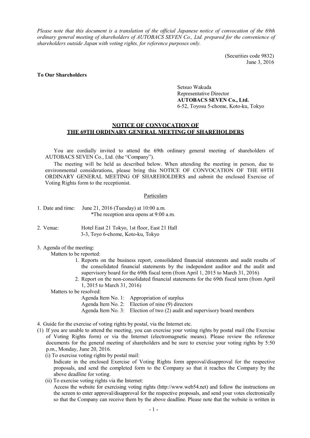 Notice of Convocation of the 69Th Ordinary General Meeting of Shareholders of AUTOBACS SEVEN Co., Ltd