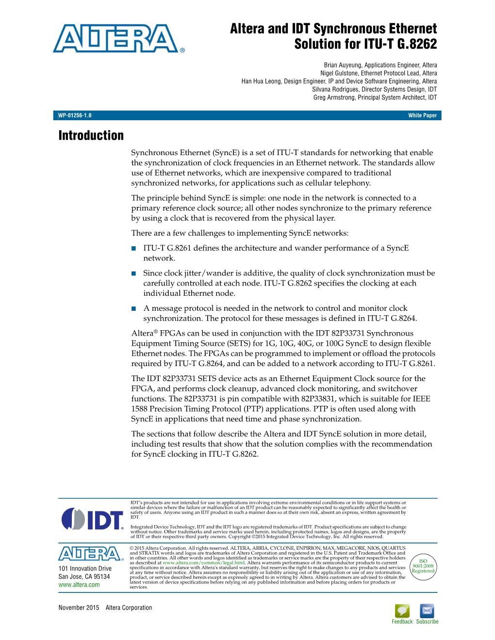 Altera and IDT Synchronous Ethernet Solution for ITU-T G.8262