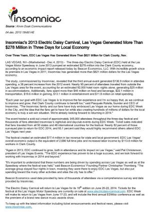 Insomniac's 2013 Electric Daisy Carnival, Las Vegas Generated More Than $278 Million in Three Days for Local Economy