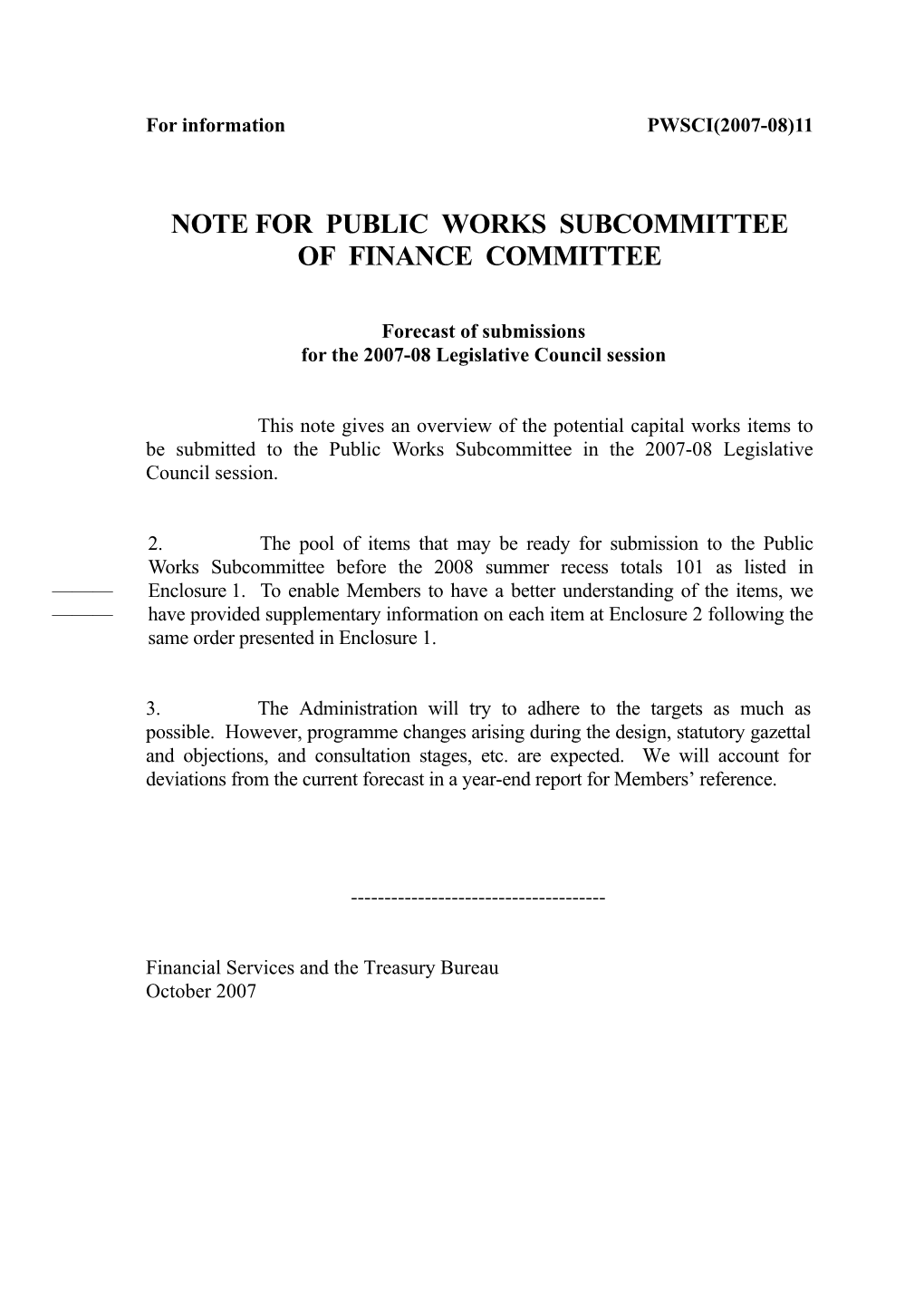 Note for Public Works Subcommittee of Finance Committee