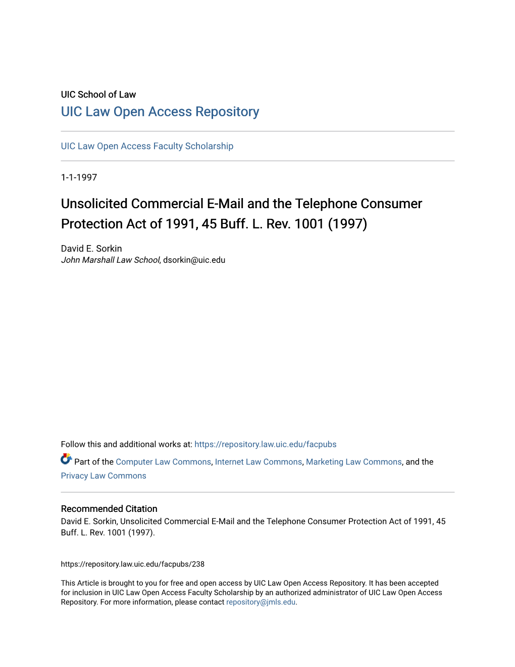 Unsolicited Commercial E-Mail and the Telephone Consumer Protection Act of 1991, 45 Buff