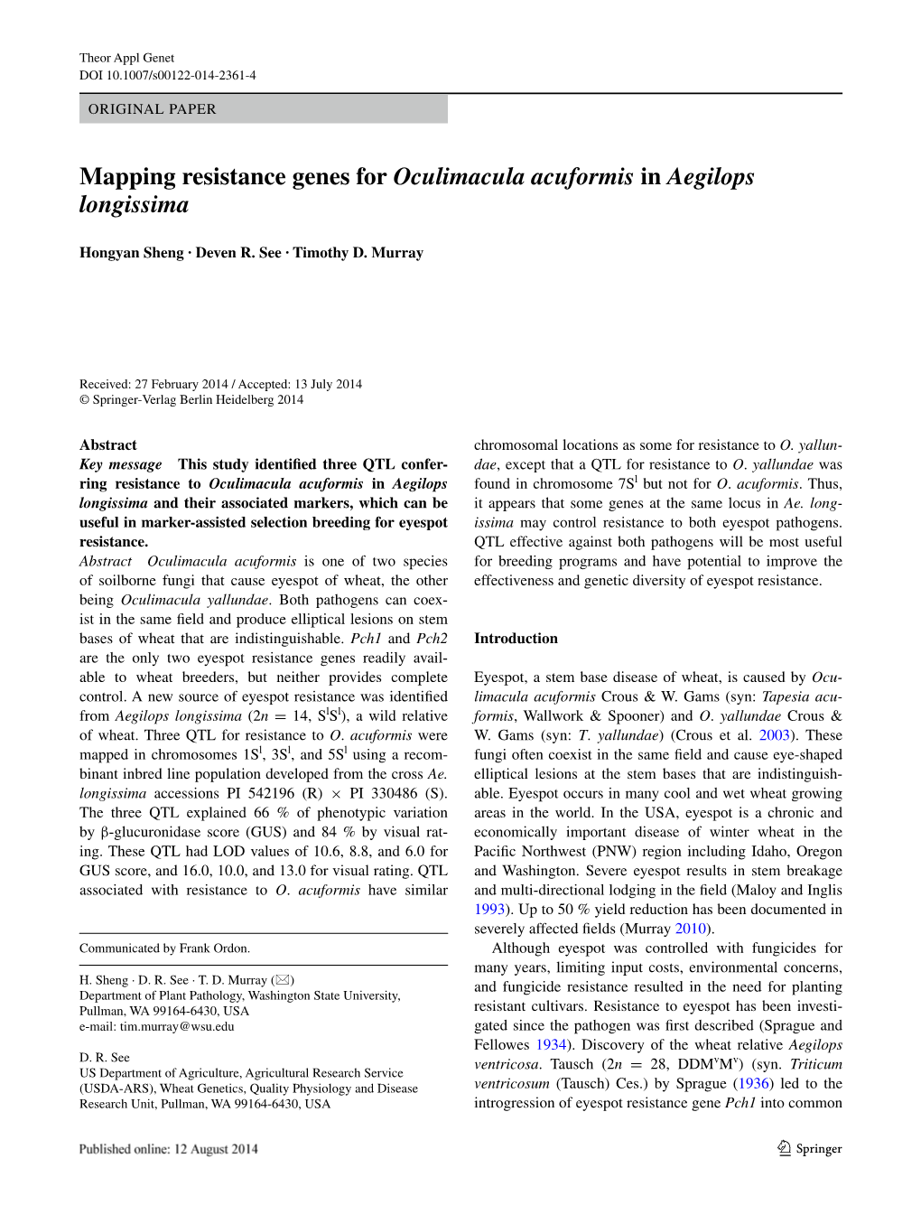 Mapping Resistance Genes for Oculimacula Acuformis in Aegilops Longissima