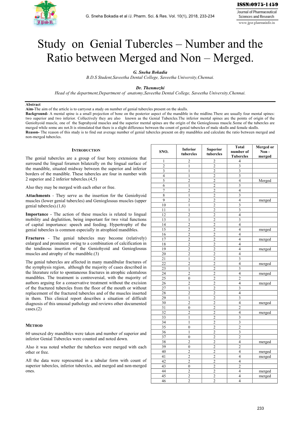 Study on Genial Tubercles – Number and the Ratio Between Merged and Non – Merged