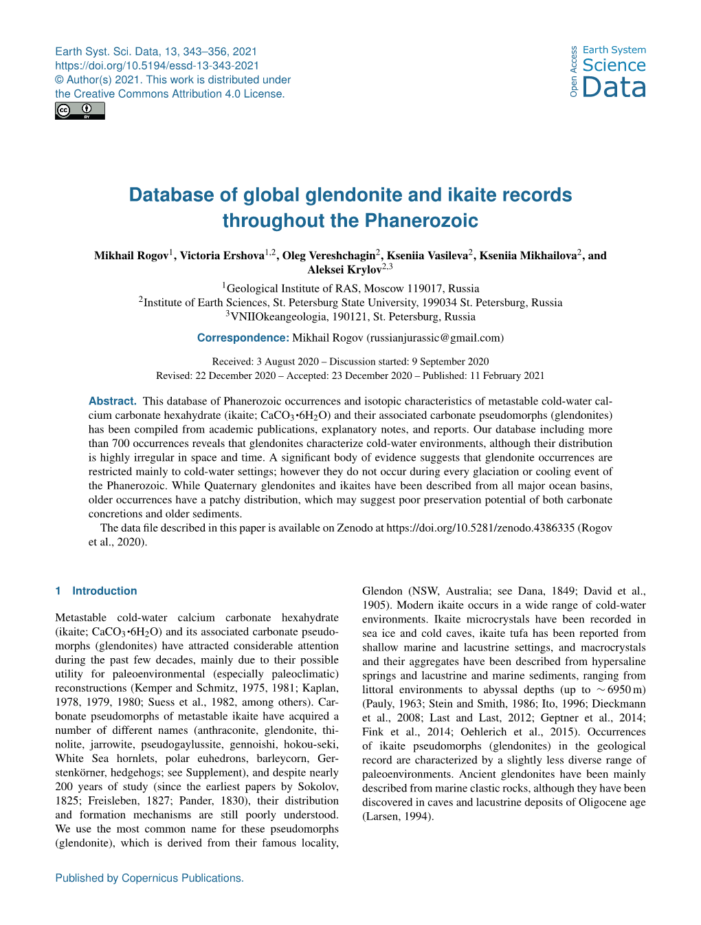 Database of Global Glendonite and Ikaite Records Throughout the Phanerozoic