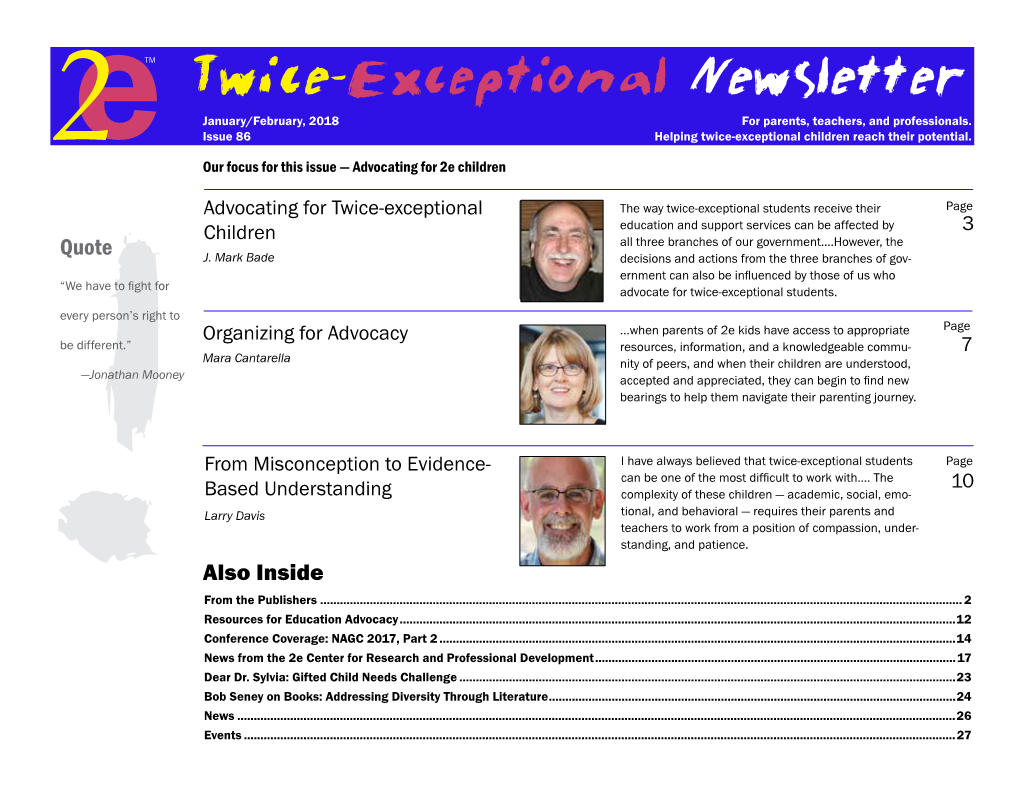 Twice-Exceptional Newsletter January/February, 2018 for Parents, Teachers, and Professionals