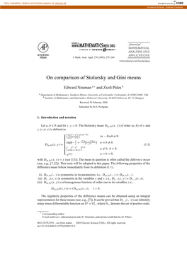 On Comparison of Stolarsky and Gini Means