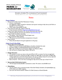 DARBY-COBBS WATERSHED PARTNERSHIP Wednesday, March 9, 2011 | 2:90 – 5:00Pm | Partnership CDC (4020 Market Street)