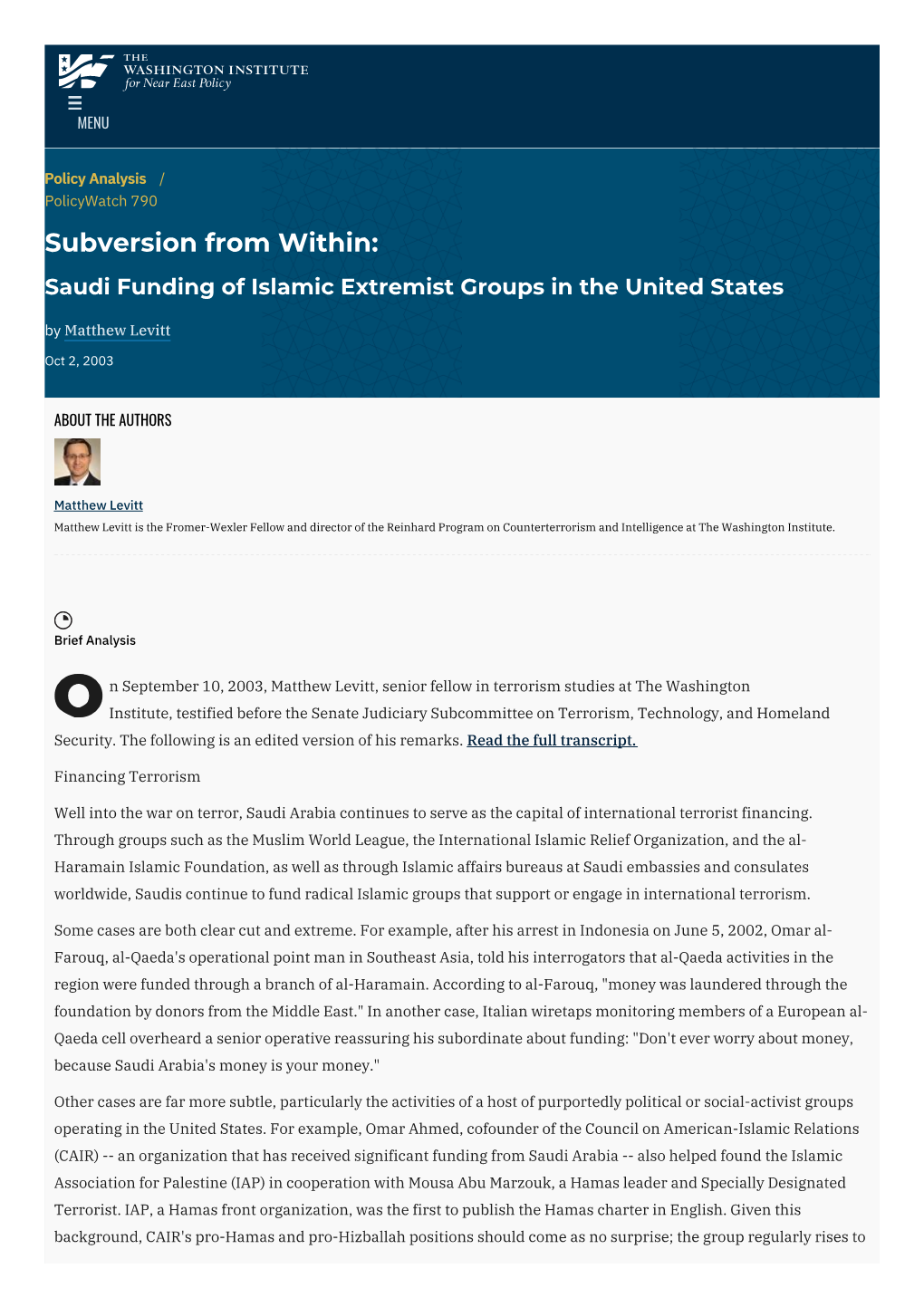 Saudi Funding of Islamic Extremist Groups in the United States by Matthew Levitt