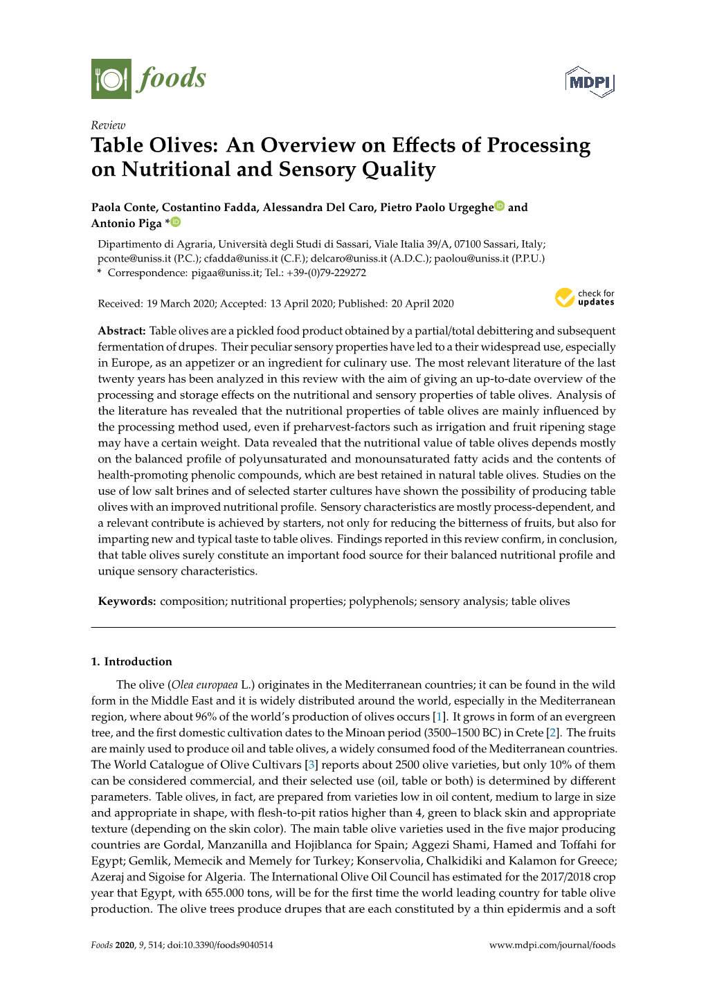 Table Olives: an Overview on Effects of Processing on Nutritional and Sensory Quality