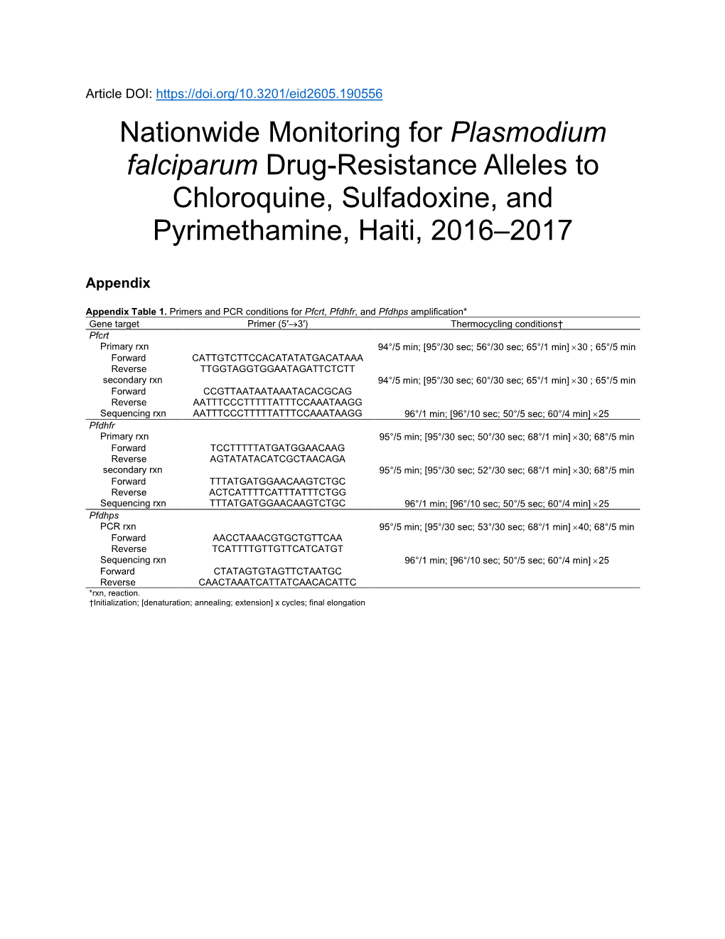Nationwide Monitoring for Plasmodium Falciparum Drug-Resistance Alleles to Chloroquine, Sulfadoxine, and Pyrimethamine, Haiti, 2016–2017