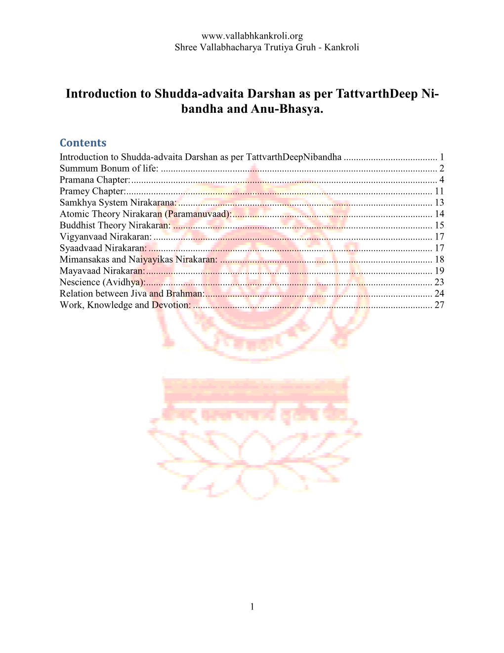 Introduction to Shudda-Advaita Darshan As Per Tattvarthdeep Ni- Bandha and Anu-Bhasya