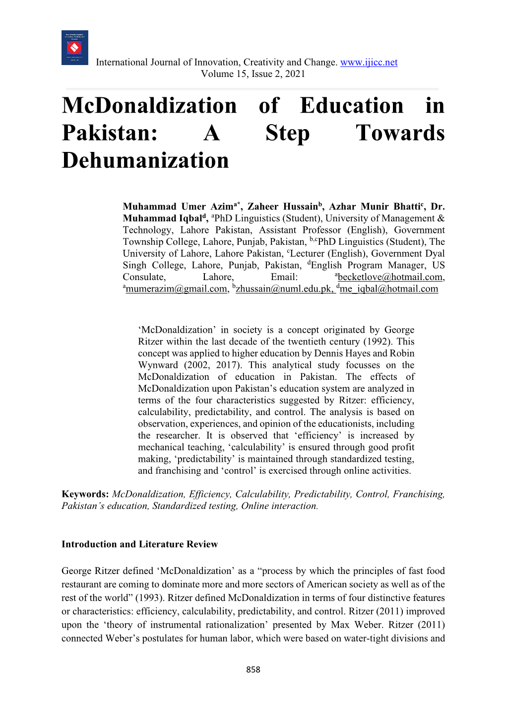 Mcdonaldization Of Education In Pakistan A Step Towards Dehumanization 