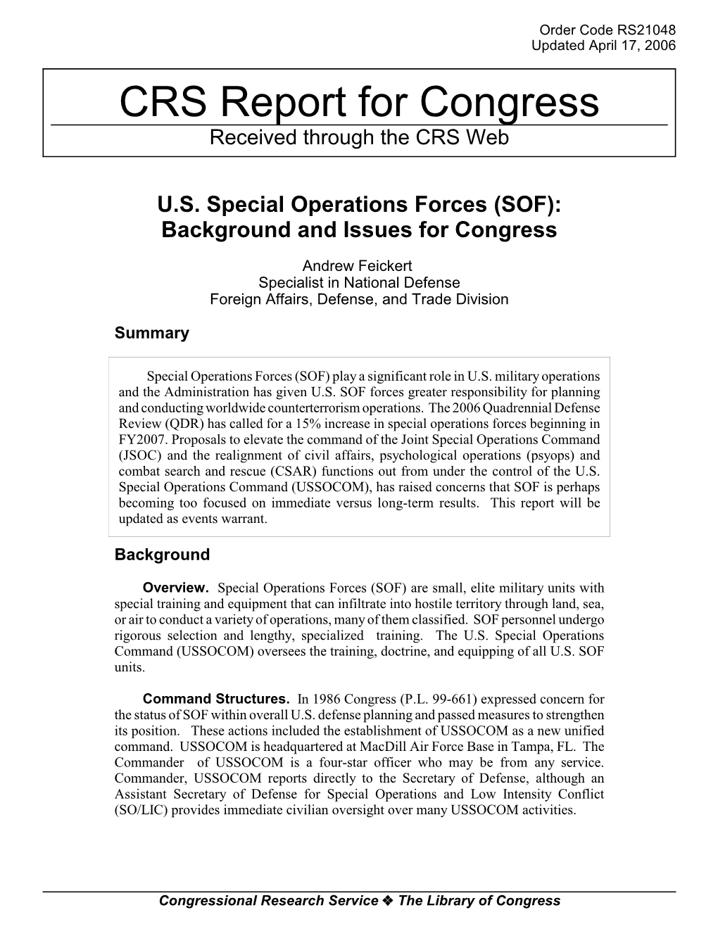 U.S. Special Operations Forces (SOF): Background and Issues for Congress