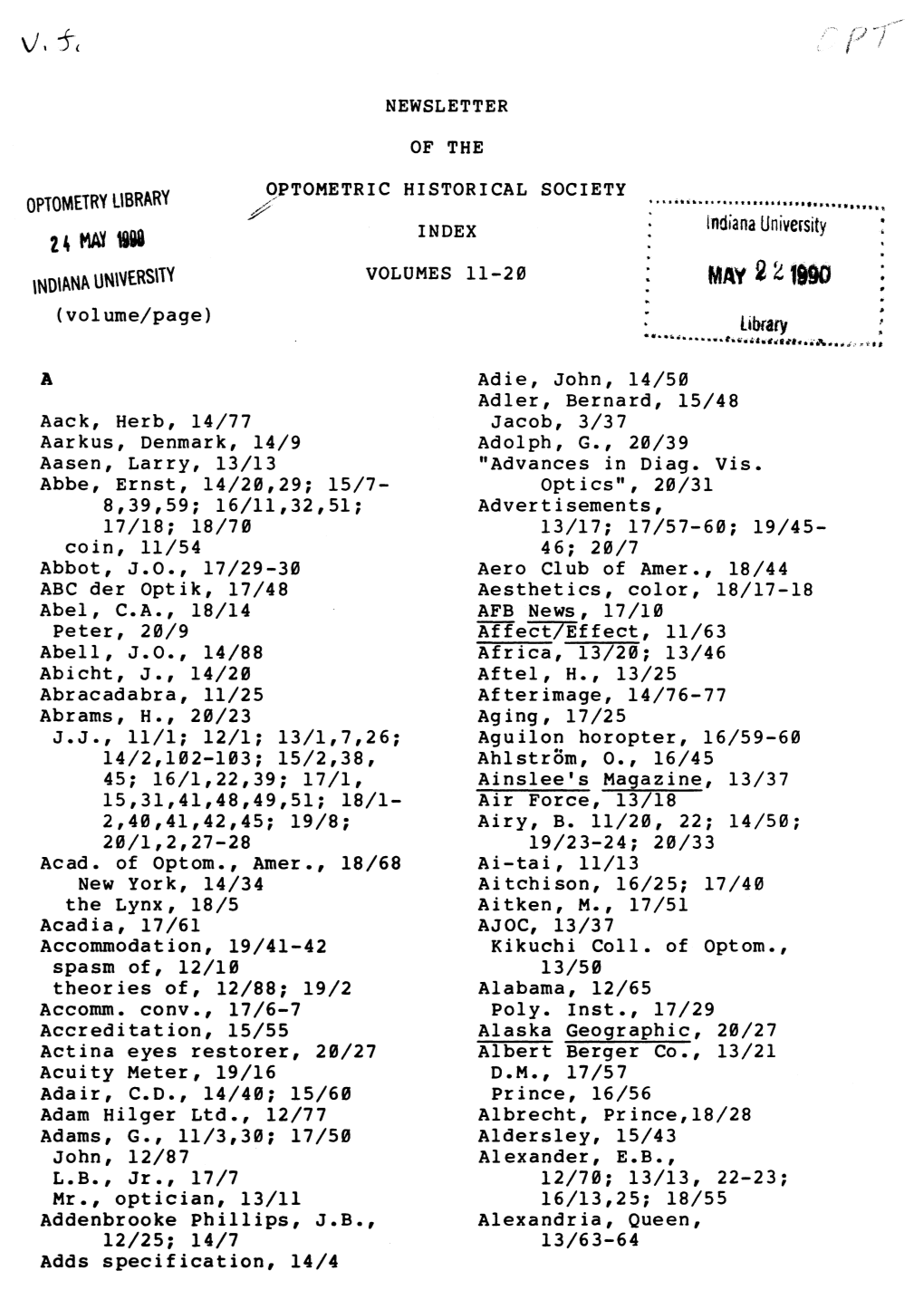 Indiana University 24 MAY Lui \Nolana UNWERSITY VOLUMES 11-20 MAY 221MO (Volume/Page)