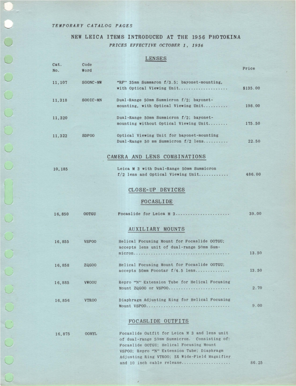 New Leica Items Introduced at the 1956 Photokina Lenses