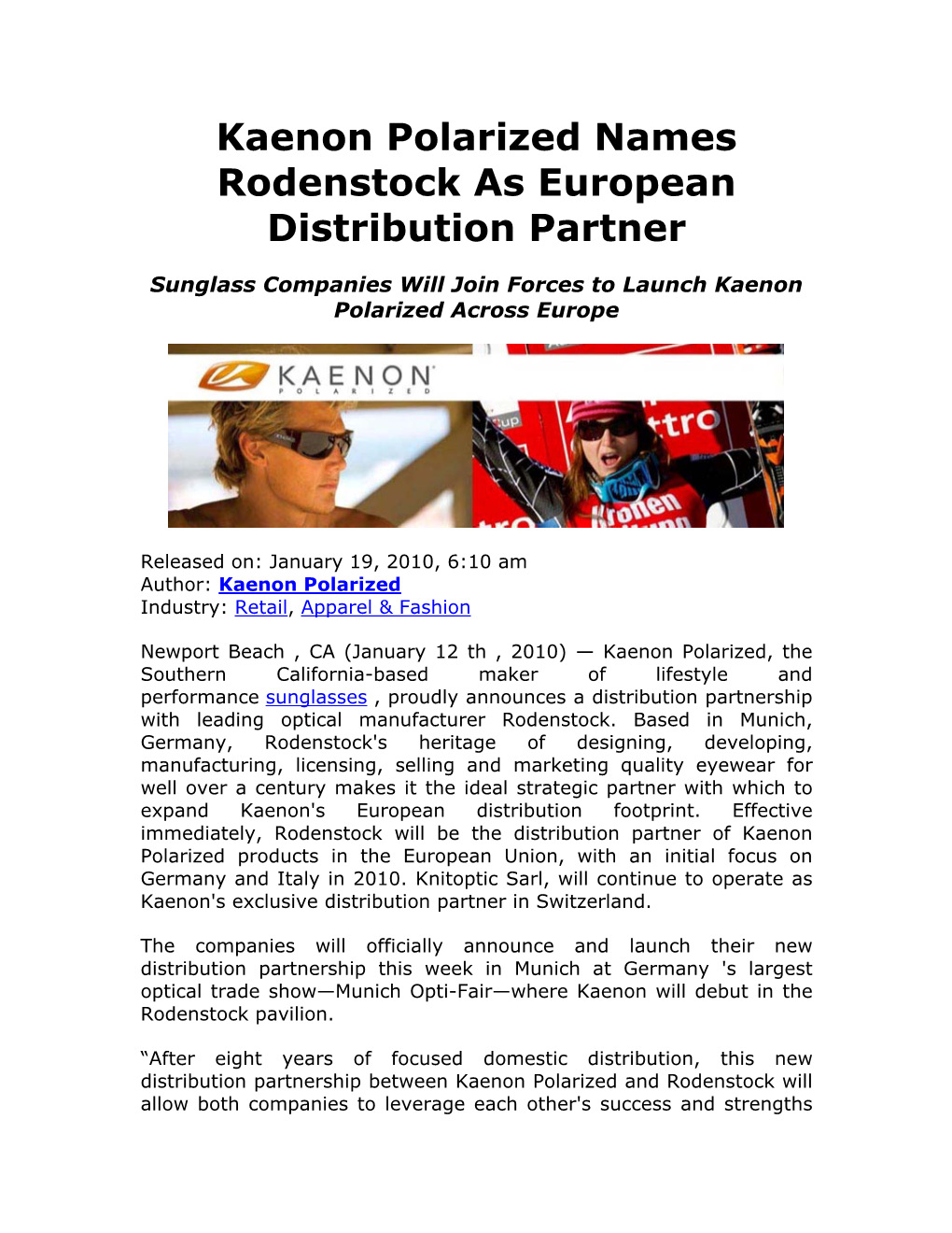 Kaenon Polarized Names Rodenstock As European Distribution Partner