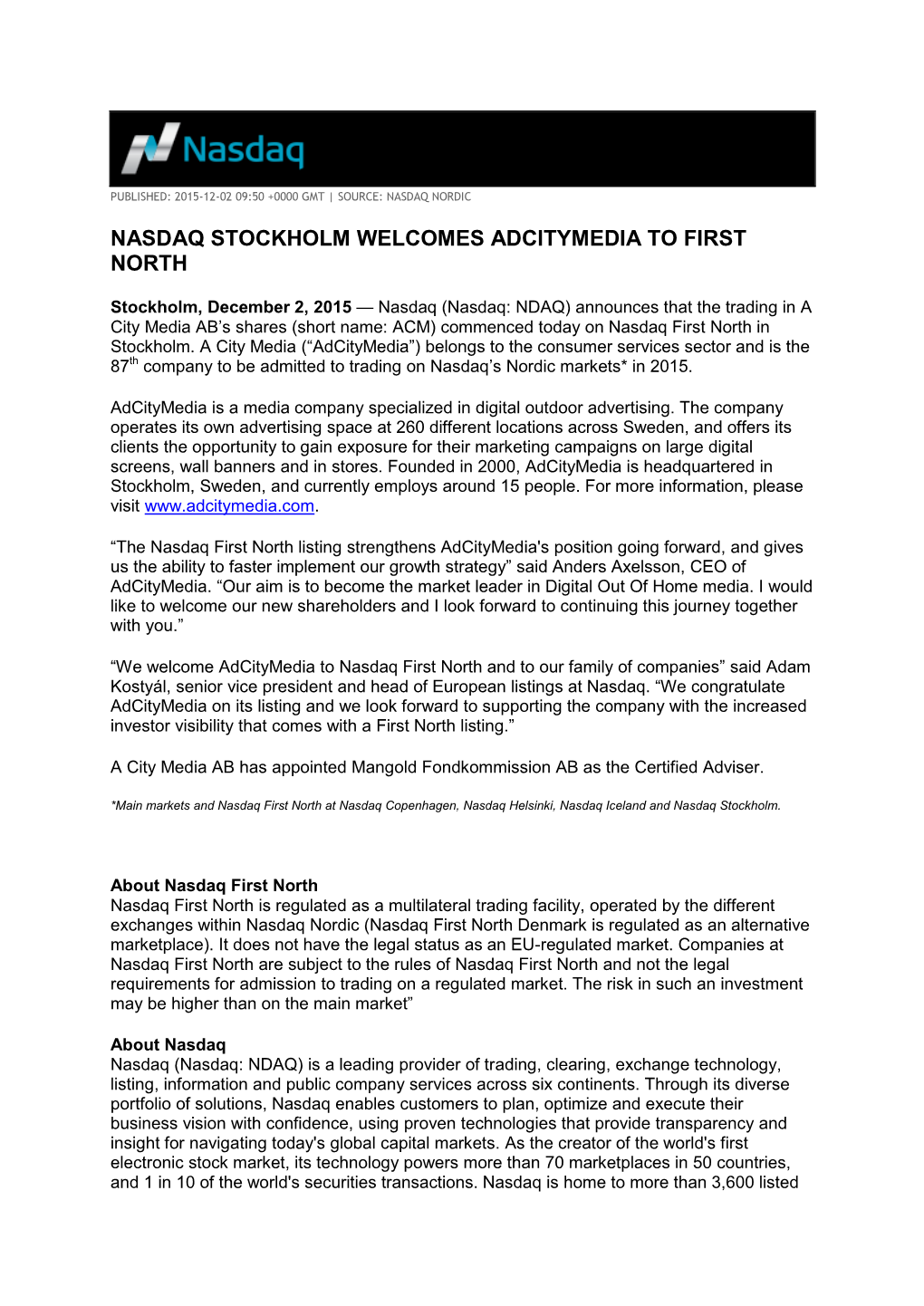 Nasdaq Stockholm Welcomes Adcitymedia to First North