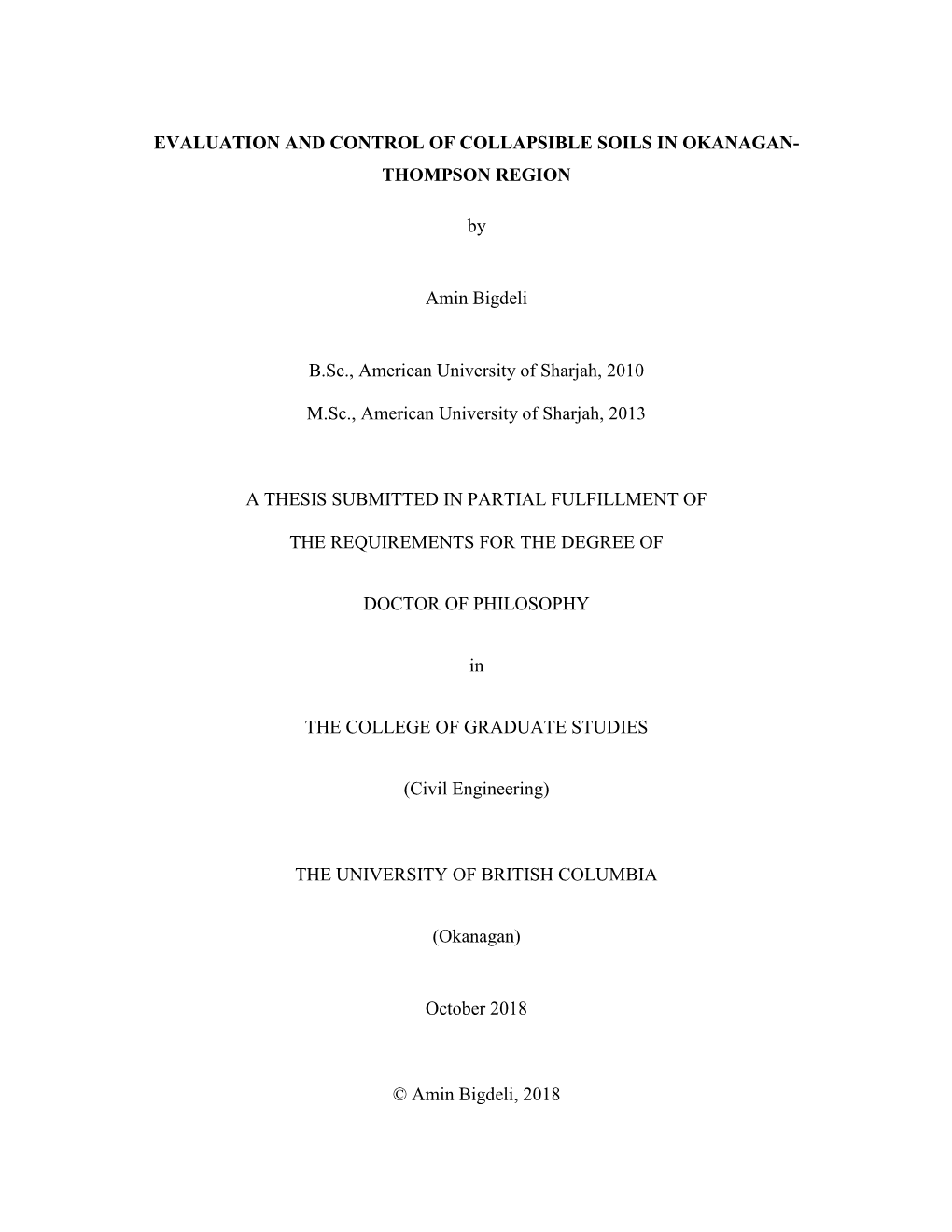 Evaluation and Control of Collapsible Soils in Okanagan- Thompson Region