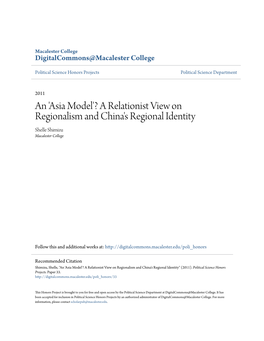 A Relationist View on Regionalism and China's Regional Identity Shelle Shimizu Macalester College