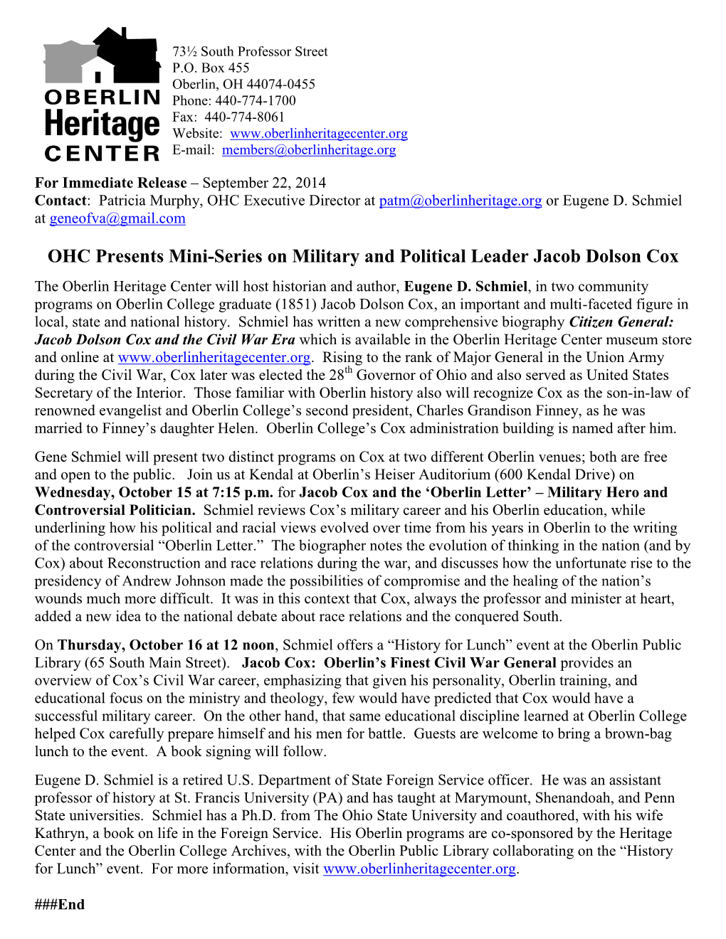 OHC Presents Mini-Series on Military and Political Leader Jacob Dolson Cox