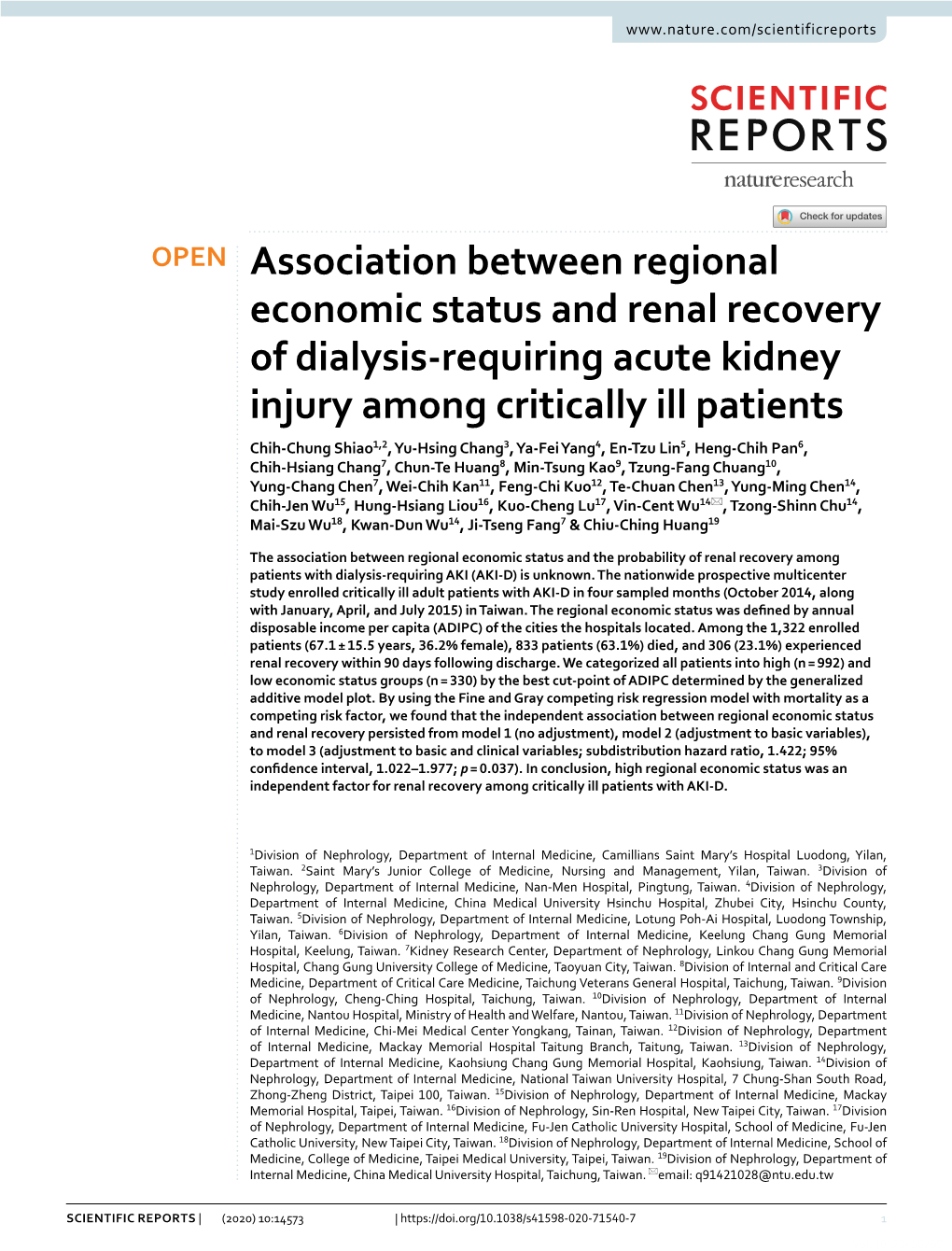 Association Between Regional Economic Status and Renal Recovery of Dialysis-Requiring Acute Kidney Injury Among Critically Ill Patients